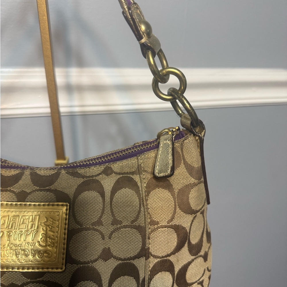 Coach Poppy Tartan Appliqué Groovy Shoulder Bag Brown Purple - Picture 10 of 17